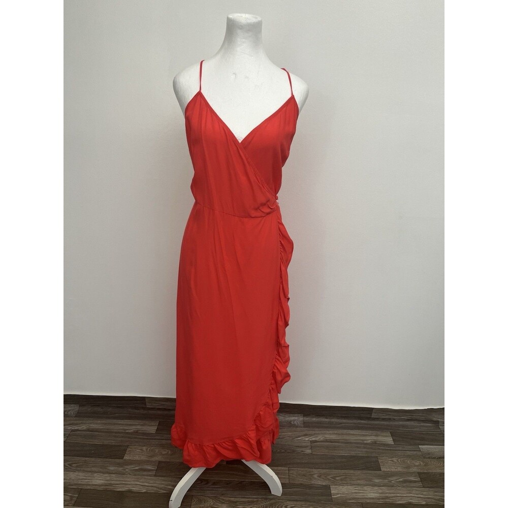 Topshop Ruffled Wrap Maxi Dress Coral Orange US 12 UK 16 Sleeveless V-Neck